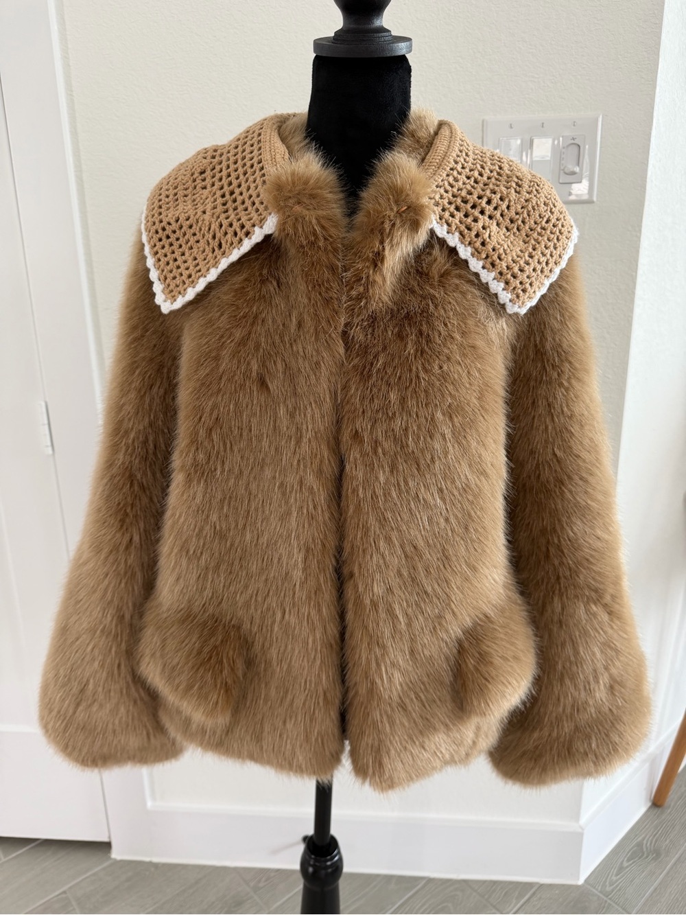SHRIMPS First Prototype/Sample Ralph Brown Faux Fur Jacket with Crochet Collar